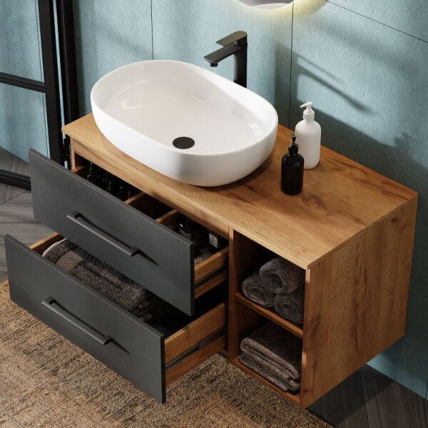 Bathroom Furniture Set LUX 100 cm with Washbasin White and Mirror – Anthracite/Golden Oak