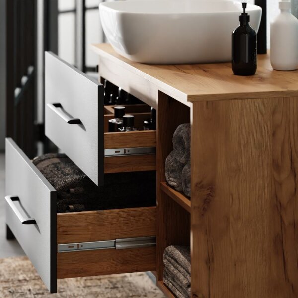 Bathroom Furniture Set LUX 100 cm with Washbasin White and Mirror – Anthracite/Golden Oak