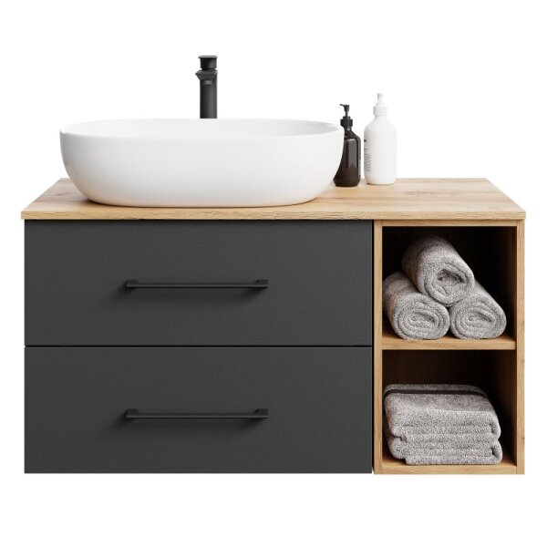 Bathroom Furniture Set LUX 100 cm with Washbasin White and Mirror – Anthracite/Golden Oak