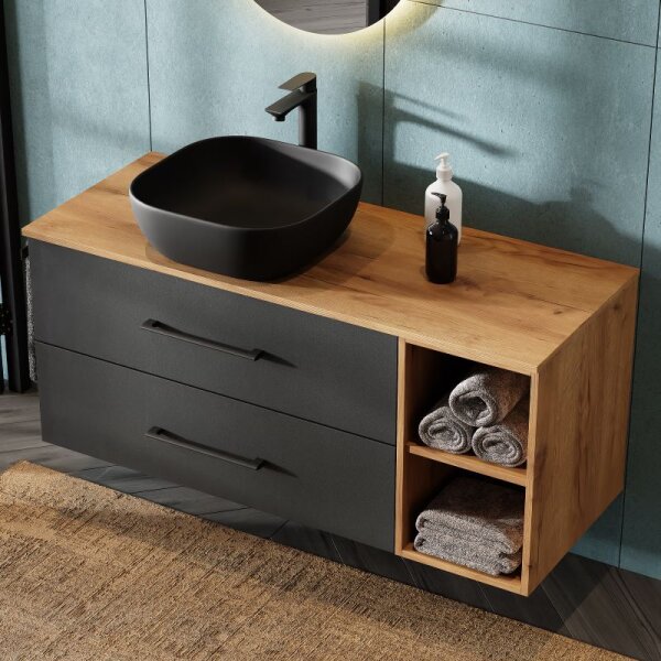 LUX Badmöbel-Set – 120 cm Gold Eiche/Anthrazit, Aufsatzwaschbecken 42 cm Schwarz