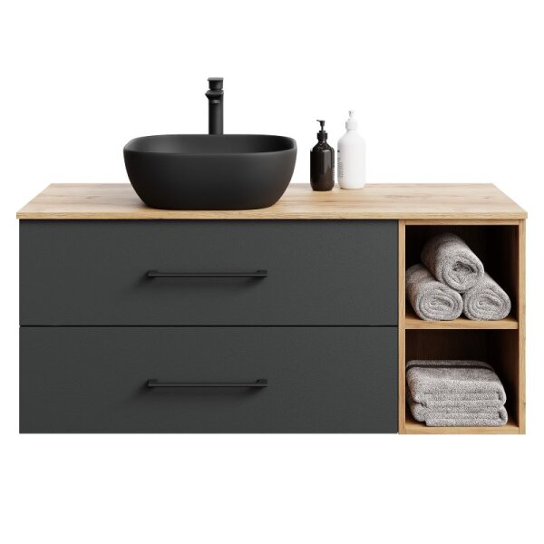 LUX Badmöbel-Set – 120 cm Gold Eiche/Anthrazit, Aufsatzwaschbecken 42 cm Schwarz