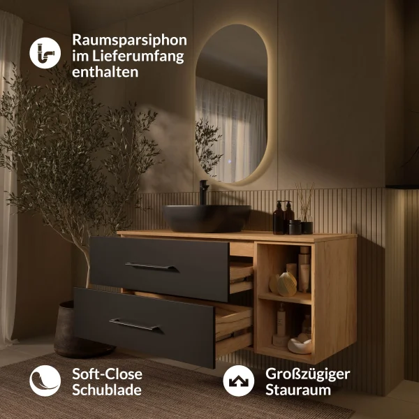LUX Badmöbel-Set – 120 cm mit Aufsatzwaschbecken 42 cm Schwarz und LED Spiegel