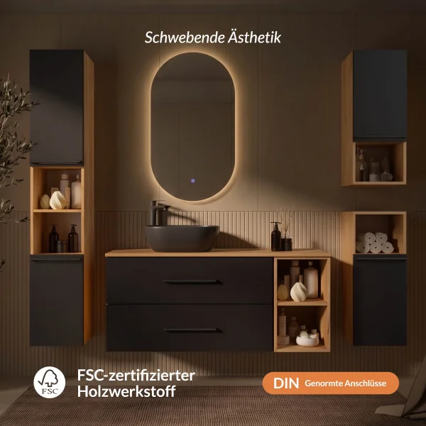 LUX Badmöbel-Set – 120 cm mit Aufsatzwaschbecken 42 cm Schwarz und LED Spiegel