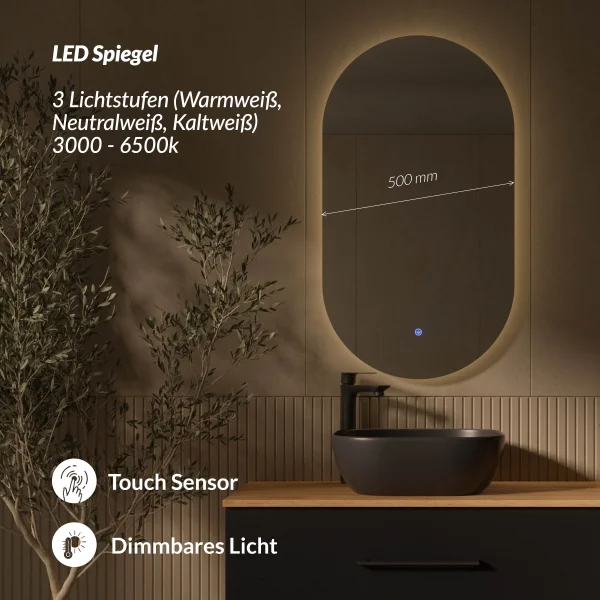 LUX Badmöbel-Set – 120 cm mit Aufsatzwaschbecken 42 cm Schwarz und LED Spiegel