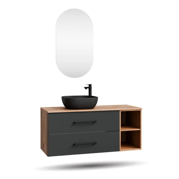 LUX Badmöbel-Set – 120 cm mit Aufsatzwaschbecken 42 cm Schwarz und LED Spiegel