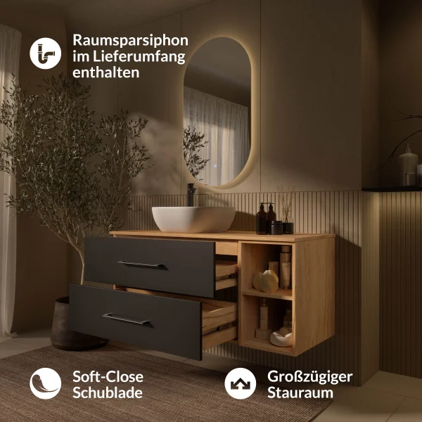LUX Badmöbel-Set – 120 cm 42-cm Aufsatzwaschbecken Weiß & LED Spiegel
