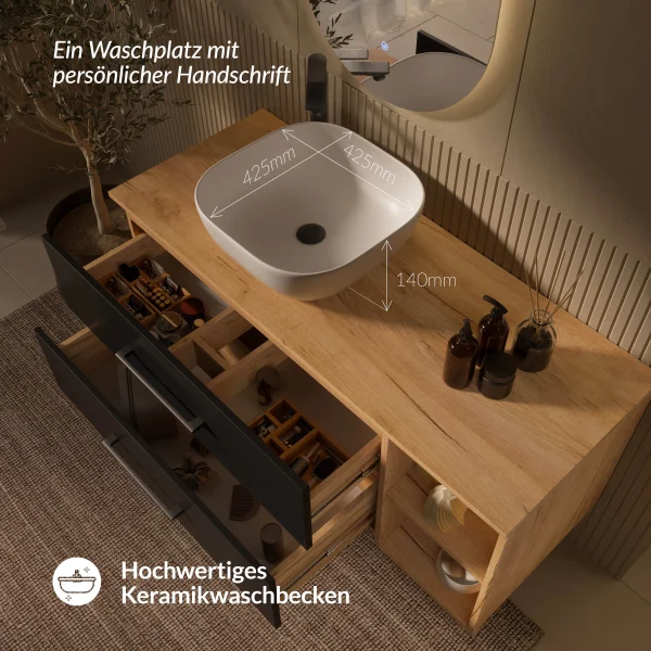 LUX Badmöbel-Set – 120 cm 42-cm Aufsatzwaschbecken Weiß & LED Spiegel