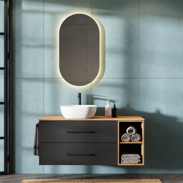 LUX Badmöbel-Set – 120 cm Gold Eiche/Anthrazit, 42-cm Aufsatzwaschbecken Weiß & Spiegel 50 cm (ohne LED)