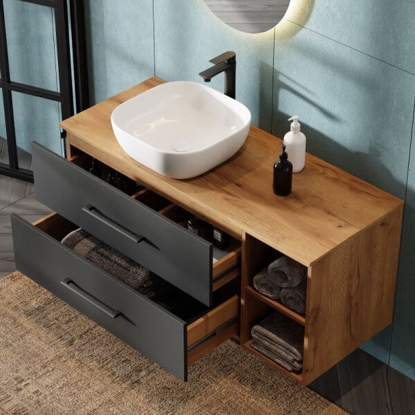 LUX Badmöbel-Set – 120 cm Gold Eiche/Anthrazit, 42-cm Aufsatzwaschbecken Weiß & Spiegel 50 cm (ohne LED)