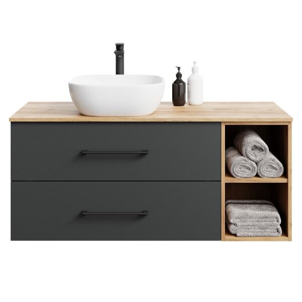 LUX Badmöbel-Set – 120 cm Gold Eiche/Anthrazit, 42-cm Aufsatzwaschbecken Weiß & Spiegel 50 cm (ohne LED)