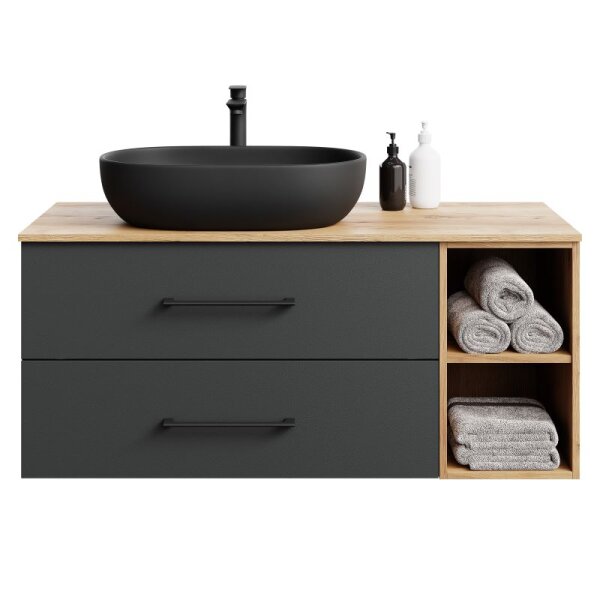 LUX Bathroom Furniture Set – 120 cm Golden Oak/Anthracite, 60-cm Countertop Washbasin Black, Mirror 50 cm (without LED)