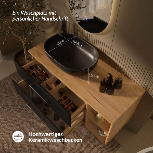 LUX Badmöbel-Set – 120 cm mit 60 cm Aufsatzwaschbecken Schwarz und LED Spiegel