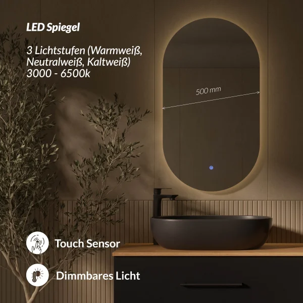 LUX Badmöbel-Set – 120 cm mit 60 cm Aufsatzwaschbecken Schwarz und LED Spiegel