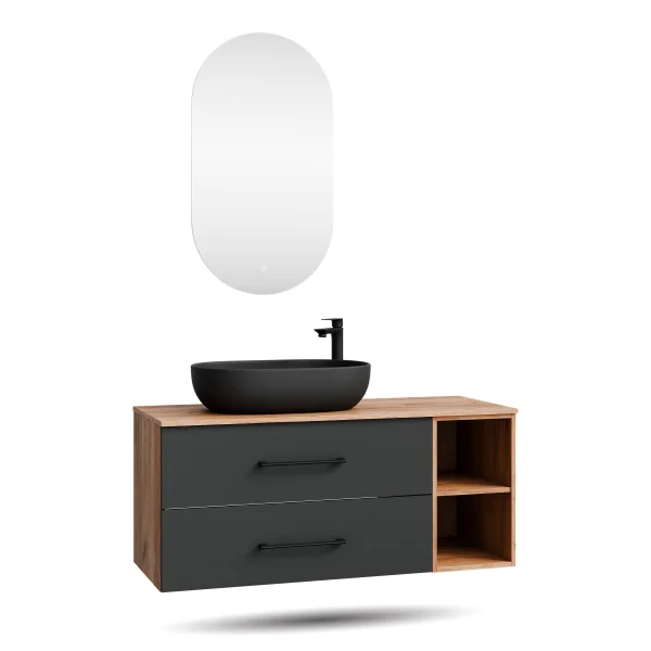 LUX Badmöbel-Set – 120 cm mit 60 cm Aufsatzwaschbecken Schwarz und LED Spiegel