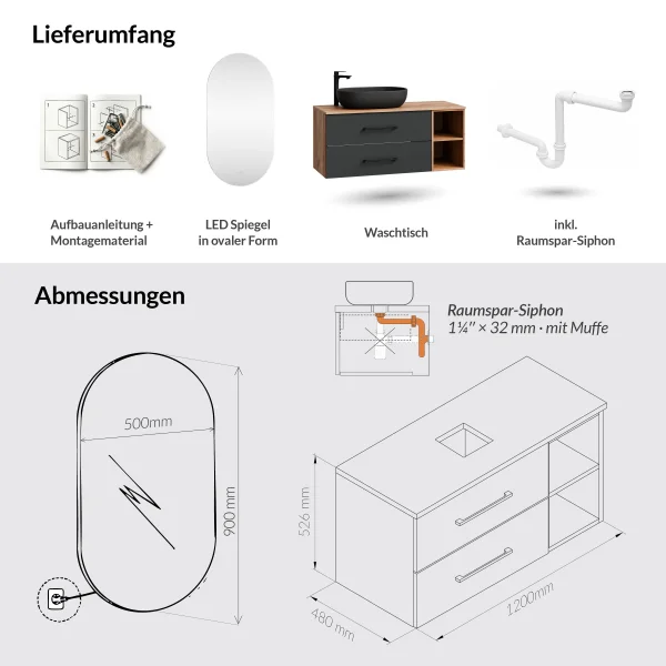 LUX Badmöbel-Set – 120 cm mit 60 cm Aufsatzwaschbecken Schwarz und LED Spiegel