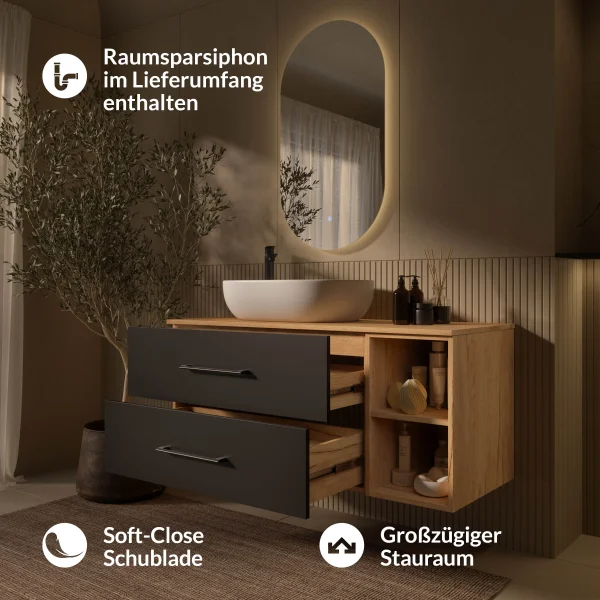 Bathroom Furniture Set LUX 120 cm with Washbasin White and Mirror – Anthracite/Golden Oak