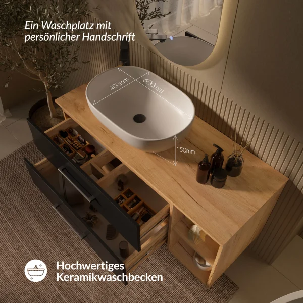 Bathroom Furniture Set LUX 120 cm with Washbasin White and Mirror – Anthracite/Golden Oak
