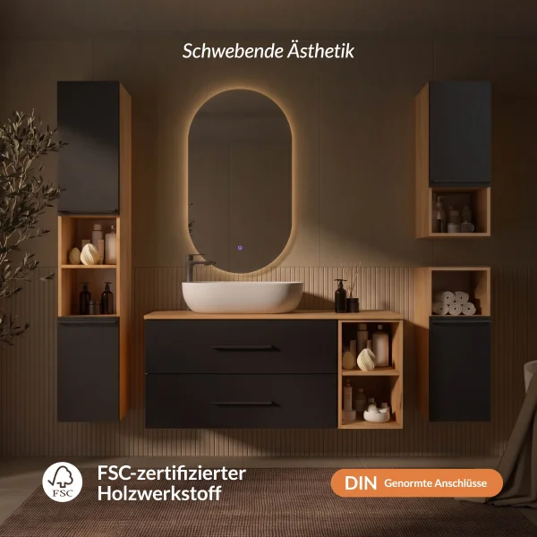 Bathroom Furniture Set LUX 120 cm with Washbasin White and Mirror – Anthracite/Golden Oak