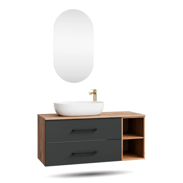 Bathroom Furniture Set LUX 120 cm with Washbasin White and Mirror – Anthracite/Golden Oak