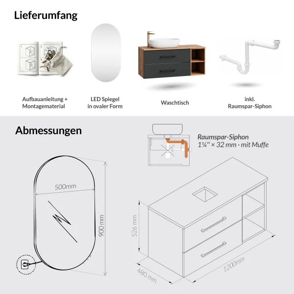 Bathroom Furniture Set LUX 120 cm with Washbasin White and Mirror – Anthracite/Golden Oak