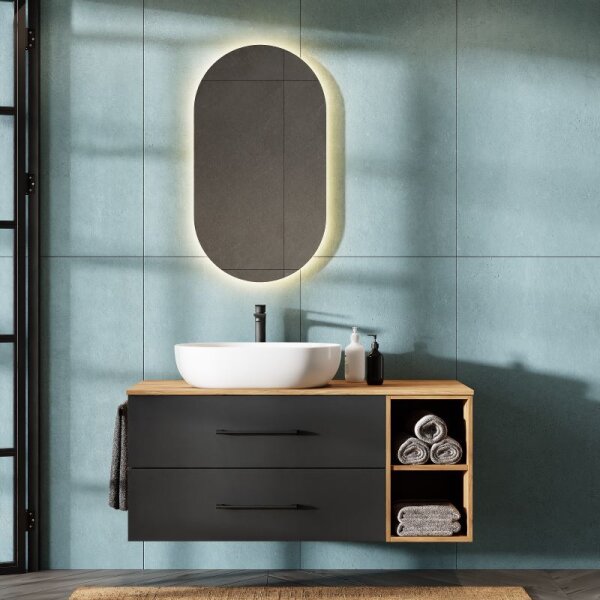 Bathroom Furniture Set LUX 120 cm with Washbasin White and Mirror – Anthracite/Golden Oak
