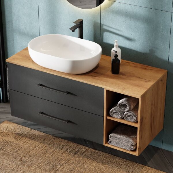 Bathroom Furniture Set LUX 120 cm with Washbasin White and Mirror – Anthracite/Golden Oak