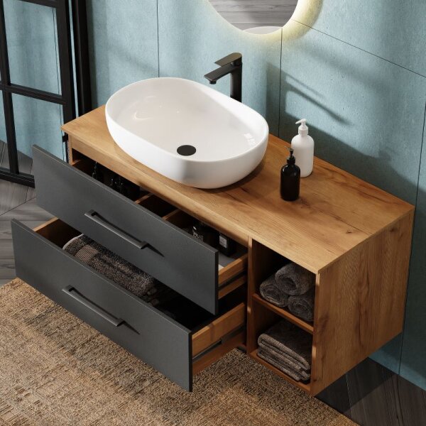 Bathroom Furniture Set LUX 120 cm with Washbasin White and Mirror – Anthracite/Golden Oak
