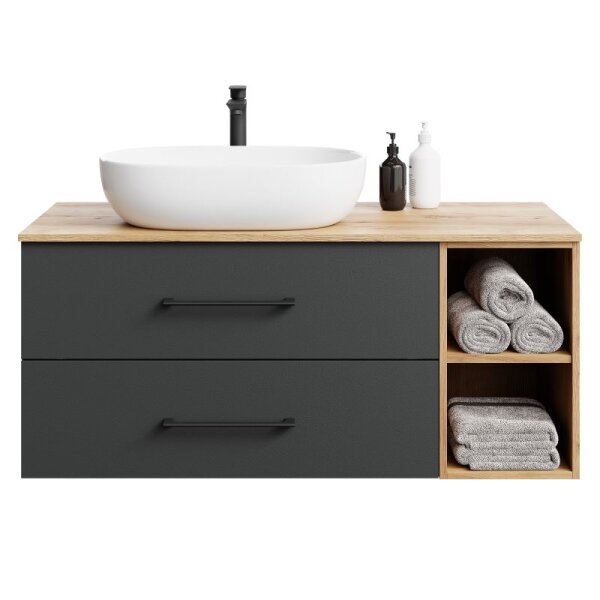 Bathroom Furniture Set LUX 120 cm with Washbasin White and Mirror – Anthracite/Golden Oak