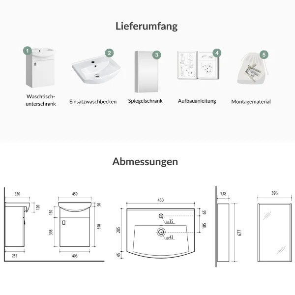 Badmöbel-Set mit Spiegelschrank 45cm (Weiß)