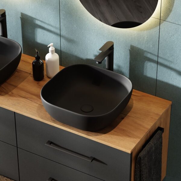 Planetmöbel LUX Badmöbel-Set – 140 cm Gold Eiche/Anthrazit, 2 Aufsatzwaschbecken 42 cm schwarz & 2 Spiegel 50 cm (ohne LED)