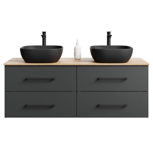 Planetmöbel LUX Badmöbel-Set – 140 cm Gold Eiche/Anthrazit, 2 Aufsatzwaschbecken 42 cm schwarz & 2 Spiegel 50 cm (ohne LED)