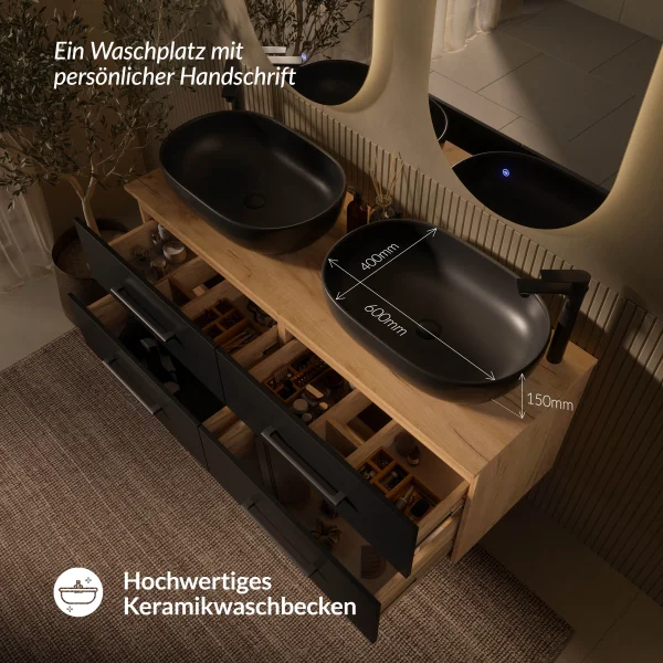 Badmöbel Set LUX 140 cm mit 2 Waschbecken 60 cm Schwarz und 2 Spiegel