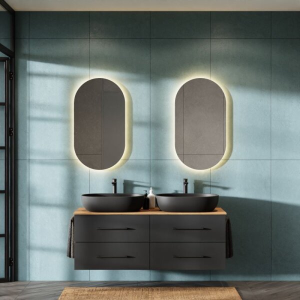 LUX Badmöbel-Set – 140 cm Gold Eiche/Anthrazit, 2 Aufsatzwaschbecken 60 cm schwarz & 2 Spiegel 50 cm (ohne LED)