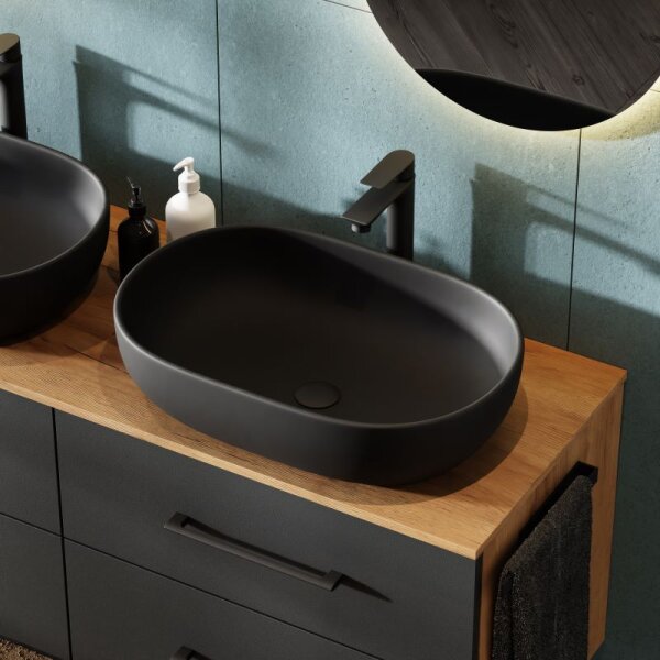 LUX Badmöbel-Set – 140 cm Gold Eiche/Anthrazit, 2 Aufsatzwaschbecken 60 cm schwarz & 2 Spiegel 50 cm (ohne LED)