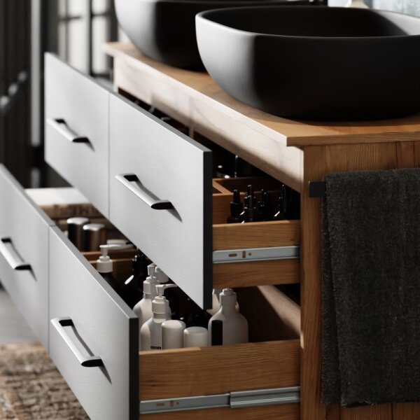 LUX Badmöbel-Set – 140 cm Gold Eiche/Anthrazit, 2 Aufsatzwaschbecken 60 cm schwarz & 2 Spiegel 50 cm (ohne LED)