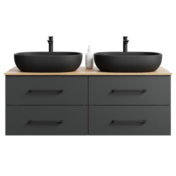 LUX Badmöbel-Set – 140 cm Gold Eiche/Anthrazit, 2 Aufsatzwaschbecken 60 cm schwarz & 2 Spiegel 50 cm (ohne LED)