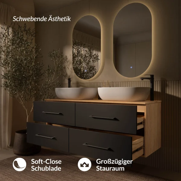 Badmöbel Set LUX 140 cm mit 2x Waschbecken Weiß und 2 LED Spiegel