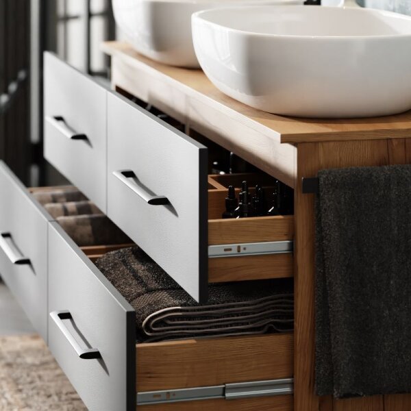 Bathroom Furniture Set LUX 140 cm with 2x Washbasin White and 2x Mirror – Anthracite/Golden Oak