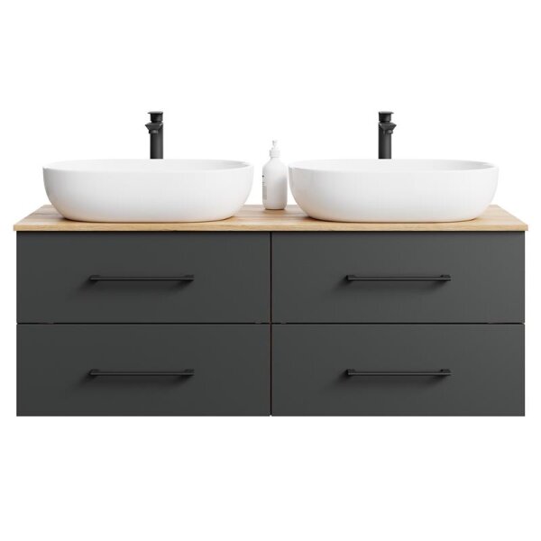Bathroom Furniture Set LUX 140 cm with 2x Washbasin White and 2x Mirror – Anthracite/Golden Oak