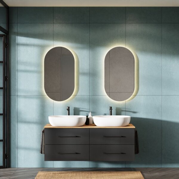 Bathroom Furniture Set LUX 140 cm with 2x Washbasin White and 2x Mirror – Anthracite/Golden Oak