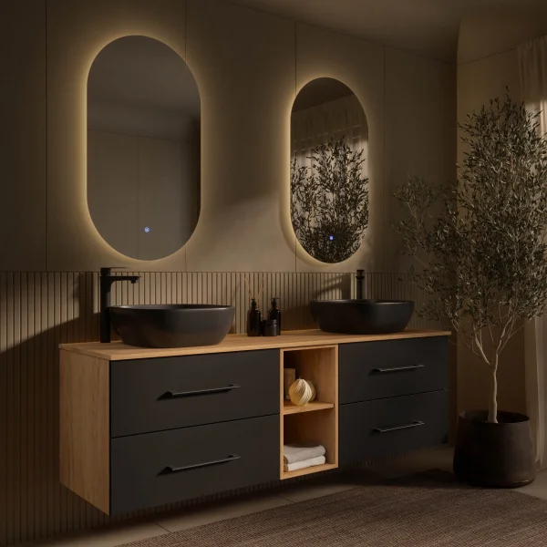 Badmöbel Set LUX 170 cm mit 2 Waschbecken 42 cm Schwarz und 2 Spiegel