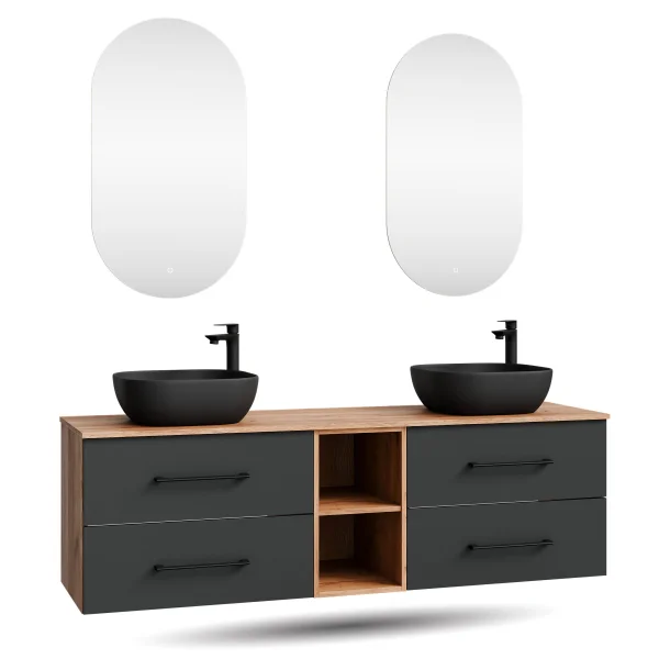 Badmöbel Set LUX 170 cm mit 2 Waschbecken 42 cm Schwarz und 2 Spiegel