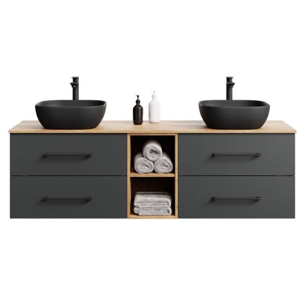 LUX Badmöbel-Set – 140 cm Gold Eiche/Anthrazit, 2 Becken, 2 Spiegel (ohne LED)
