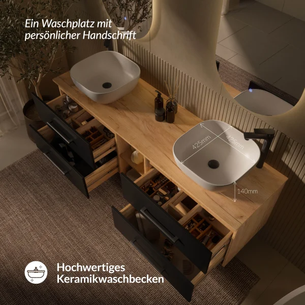 Badmöbel Set LUX 170 cm mit 2 Waschbecken 42 cm weiß und 2 Spiegel