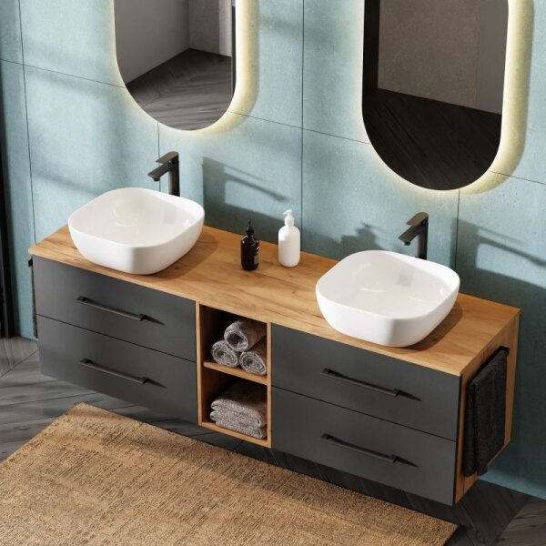 LUX Badmöbel-Set – 170 cm Gold Eiche/Anthrazit, Doppelwaschtisch & 2 Spiegel (ohne LED)