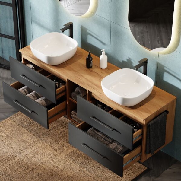 LUX Badmöbel-Set – 170 cm Gold Eiche/Anthrazit, Doppelwaschtisch & 2 Spiegel (ohne LED)