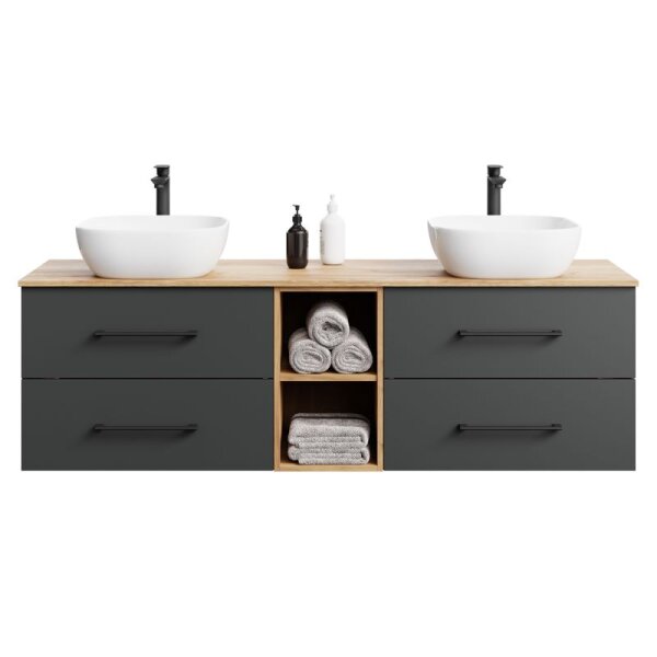 LUX Badmöbel-Set – 170 cm Gold Eiche/Anthrazit, Doppelwaschtisch & 2 Spiegel (ohne LED)