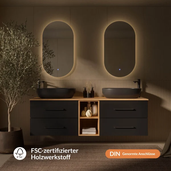 LUX Badmöbel-Set – 170 cm Doppelwaschtisch mit 2 Aufsatzwaschbecken 60 cm Schwarz  und 2 LED Spiegeln