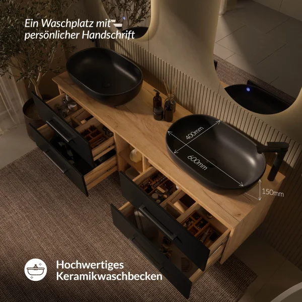 LUX Badmöbel-Set – 170 cm Doppelwaschtisch mit 2 Aufsatzwaschbecken 60 cm Schwarz  und 2 LED Spiegeln
