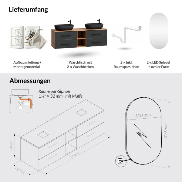 LUX Badmöbel-Set – 170 cm Doppelwaschtisch mit 2 Aufsatzwaschbecken 60 cm Schwarz  und 2 LED Spiegeln